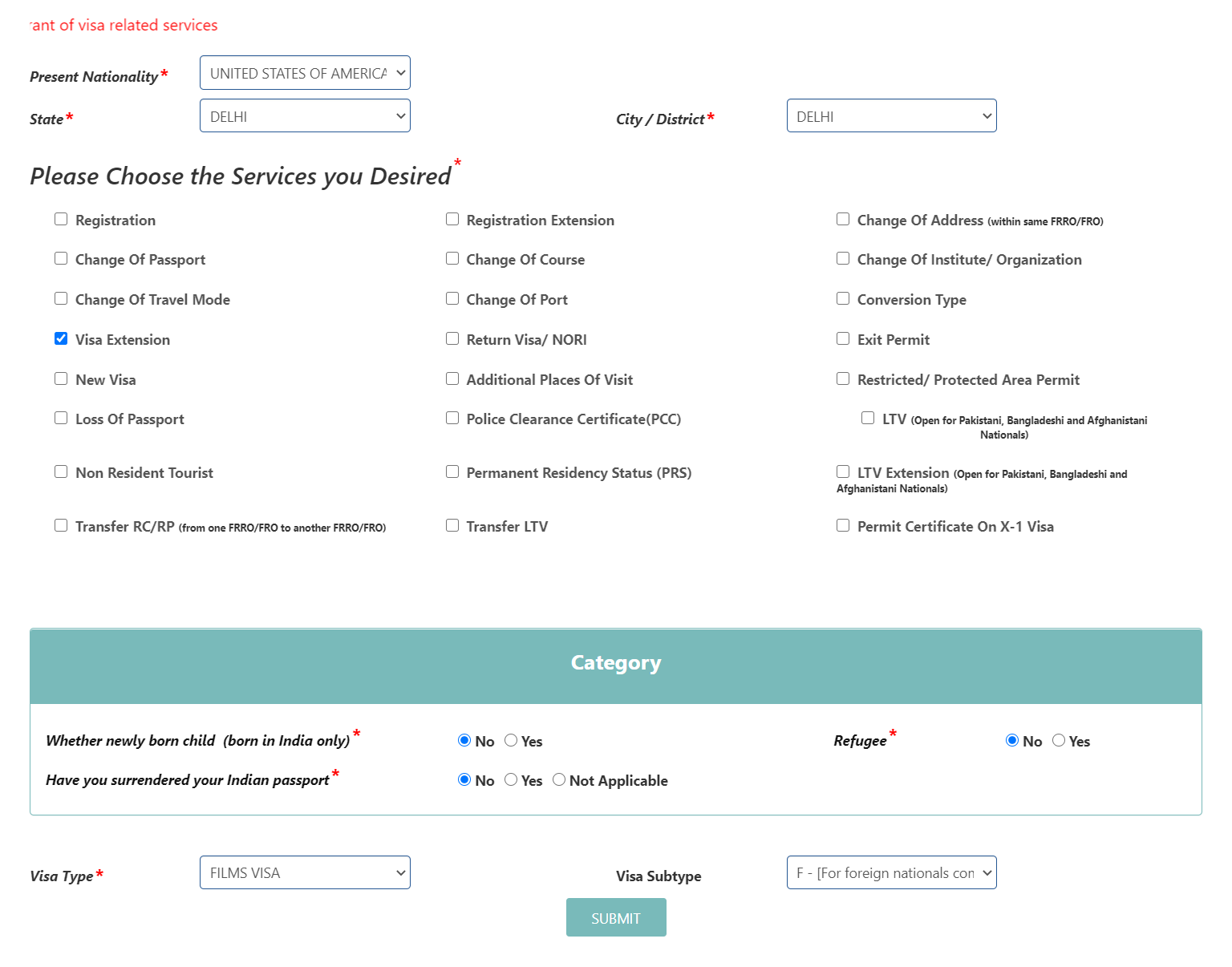 Desired services and category