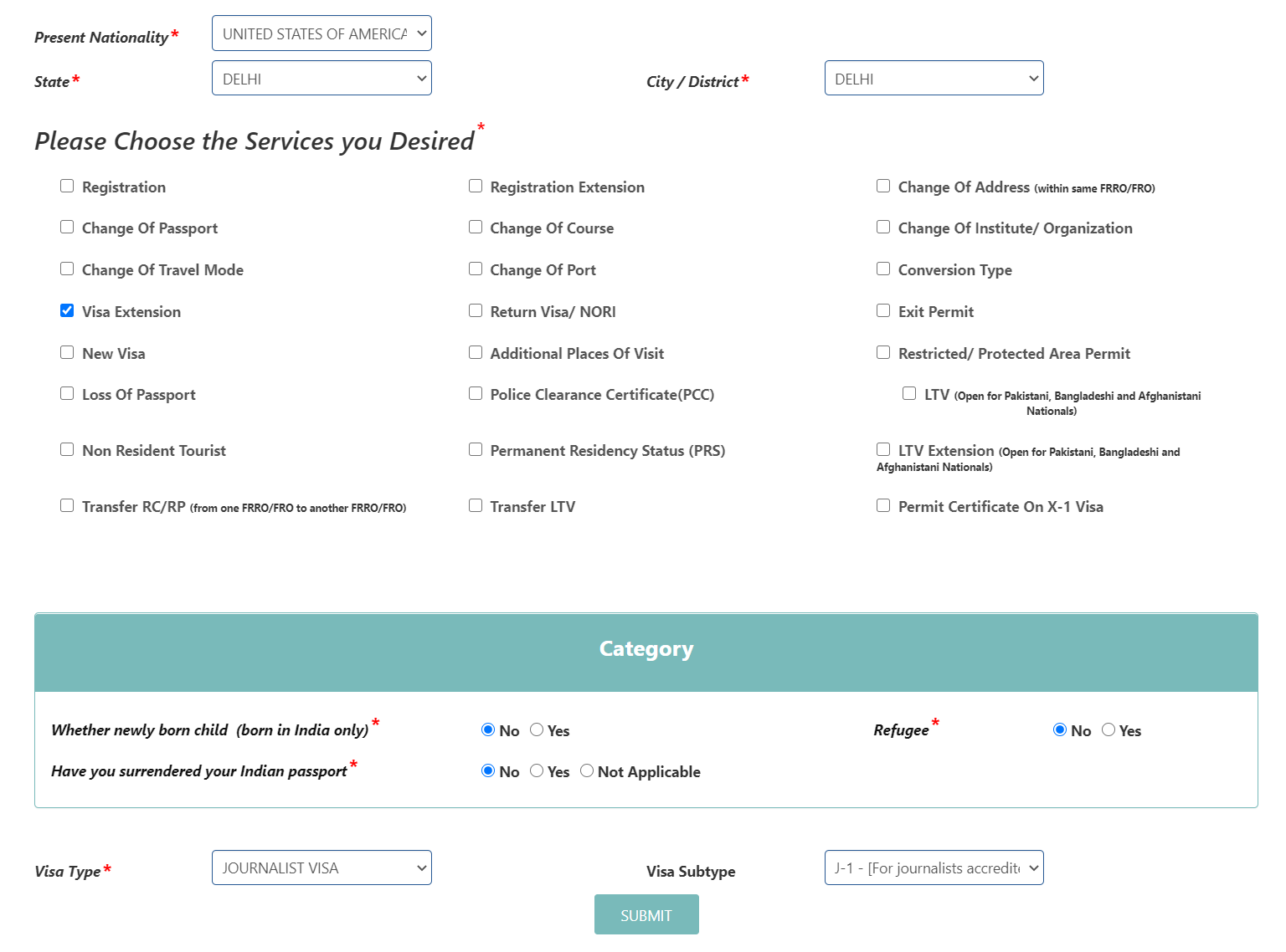 Desired services and category