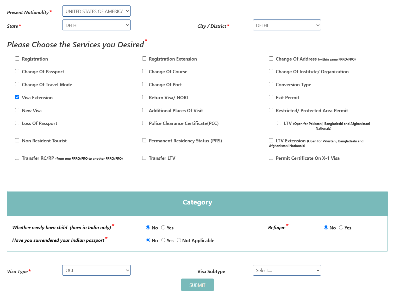 Desired services and category