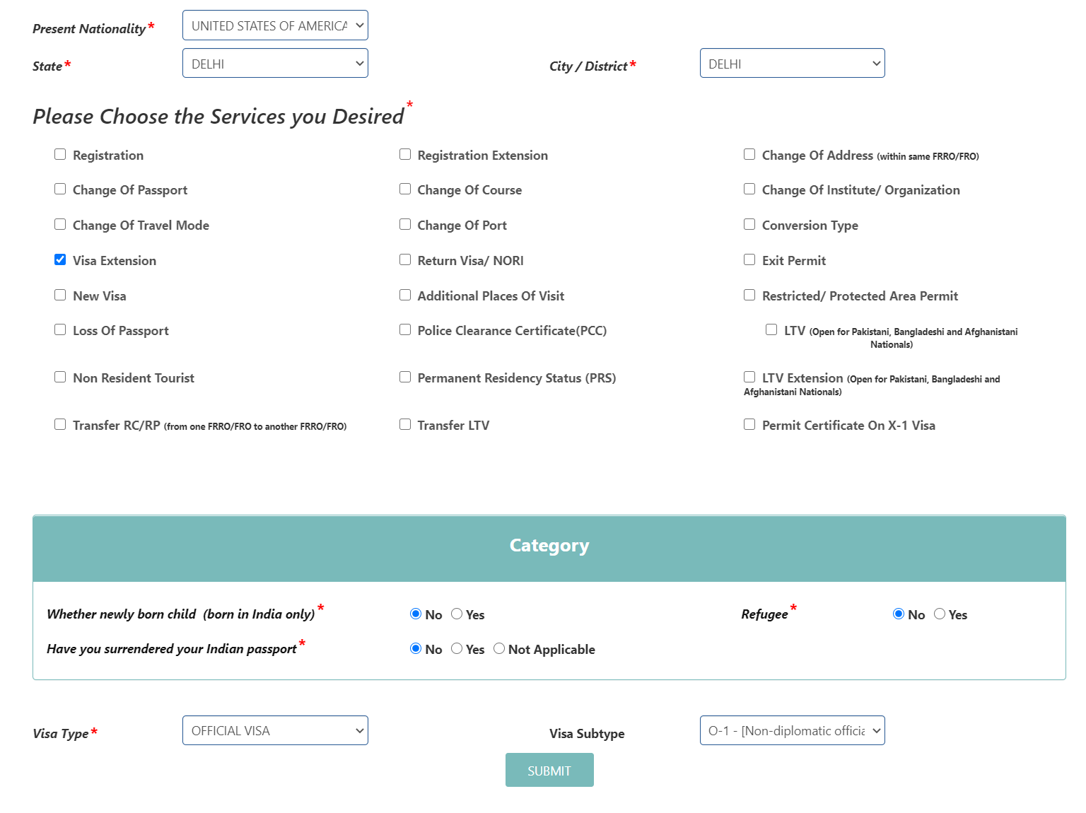 Desired services and category