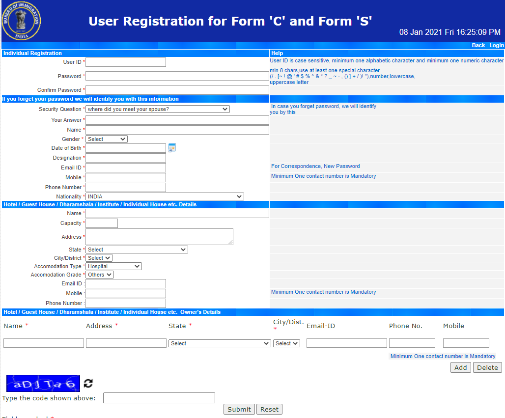 User Registration for Form 'C' and Form 'S'