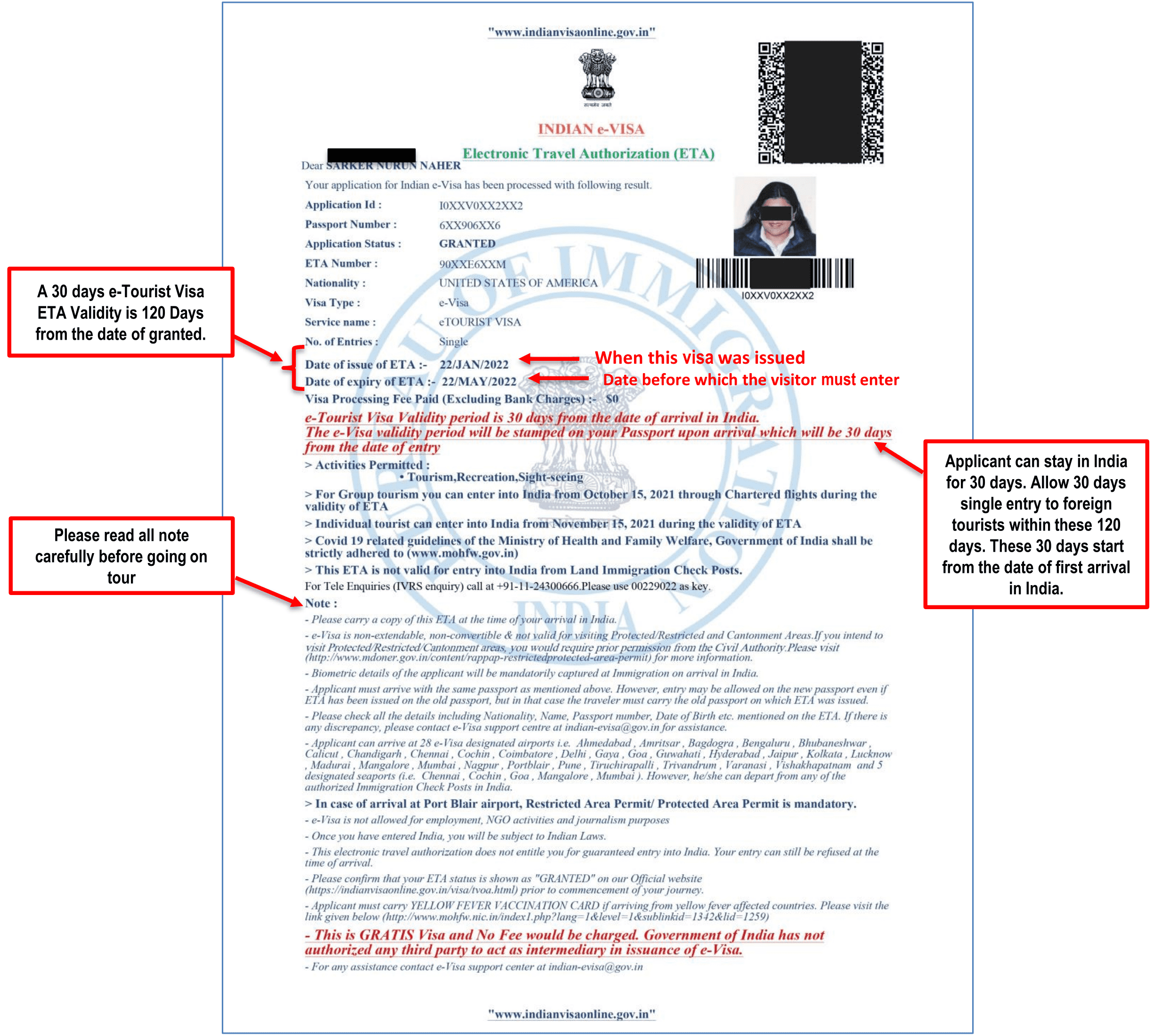 ตัวอย่าง e-Visa ท่องเที่ยวอินเดีย 30 วันใหม่