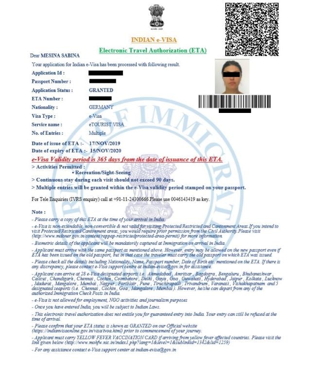 Sample of India Visa