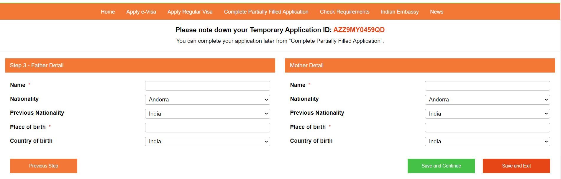 Formulaire de visa indien, fournissez les détails du père et de la mère du demandeur