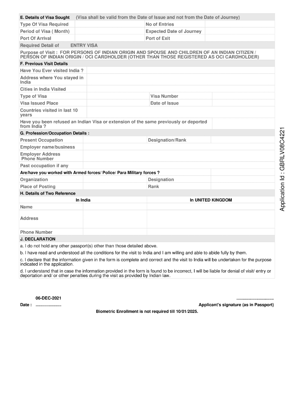 India Regular Visa Application Form Sample