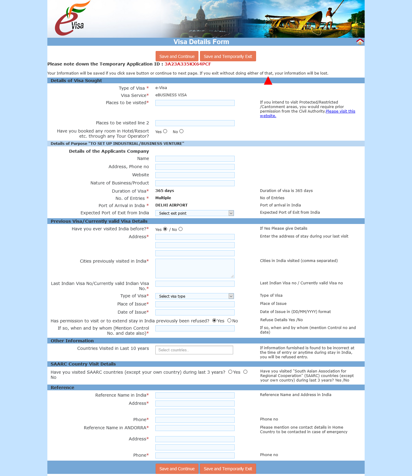 Business details of visa sought