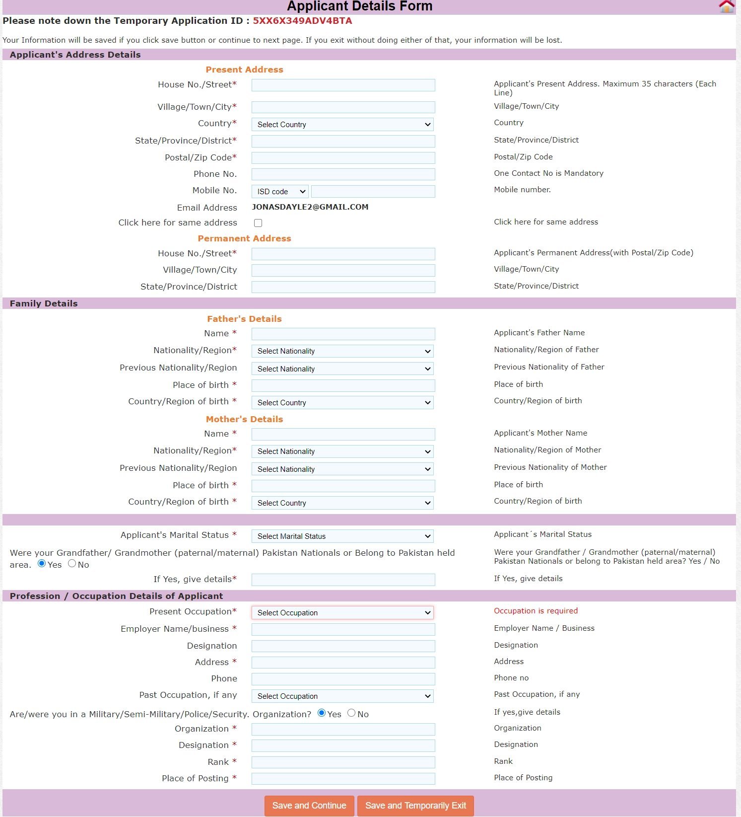 Employment address details