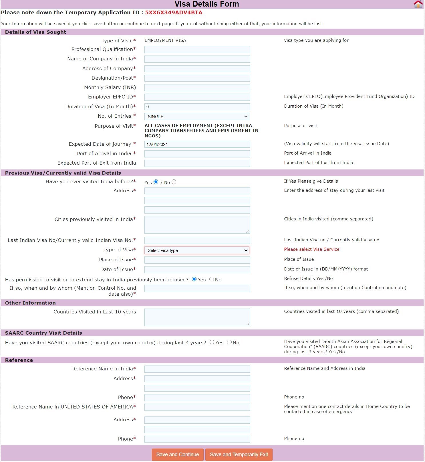 Employment Details of visa sought