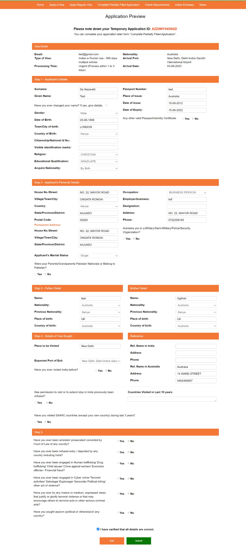 Formulario de vista previa de solicitud de visa india