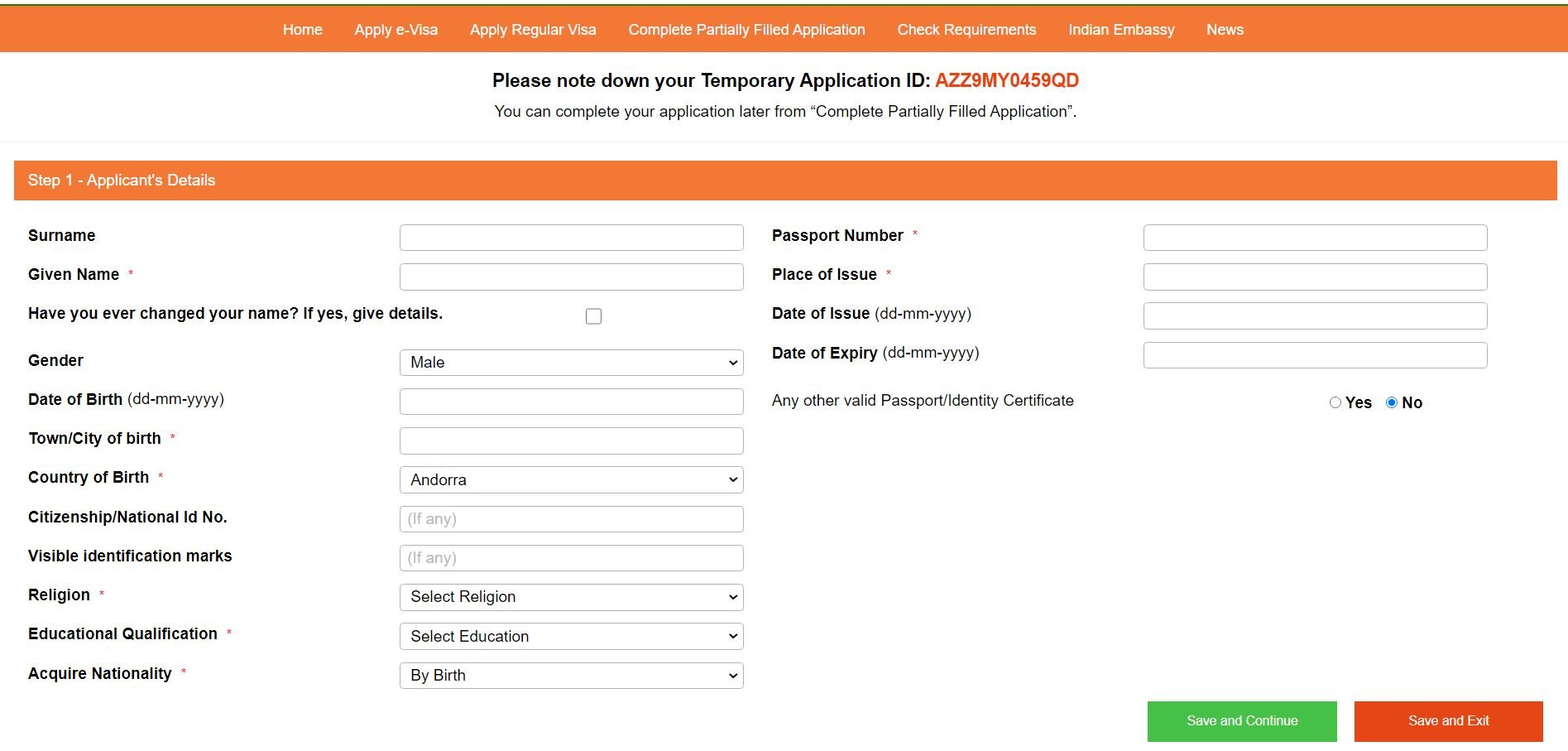 Indian Visa Personal Details Application Form