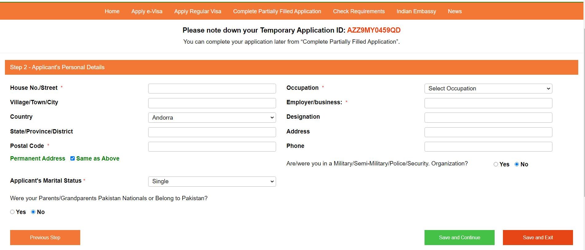 Indian Visa Address and Contact Information Application Form