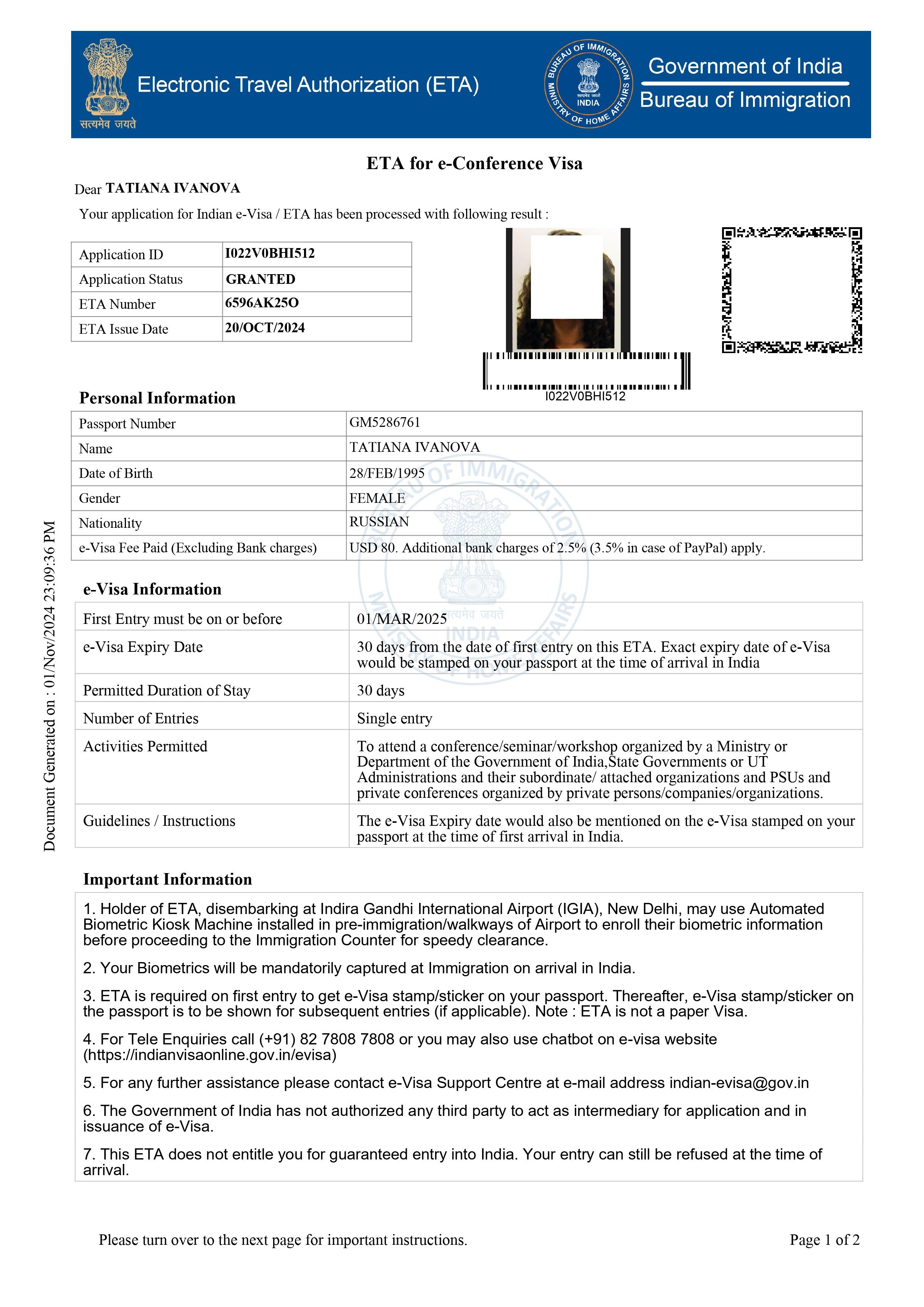 Indian visa documents required