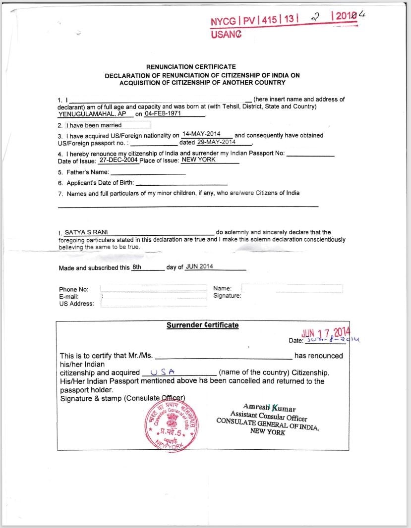 Surrendered Indian passport certificate