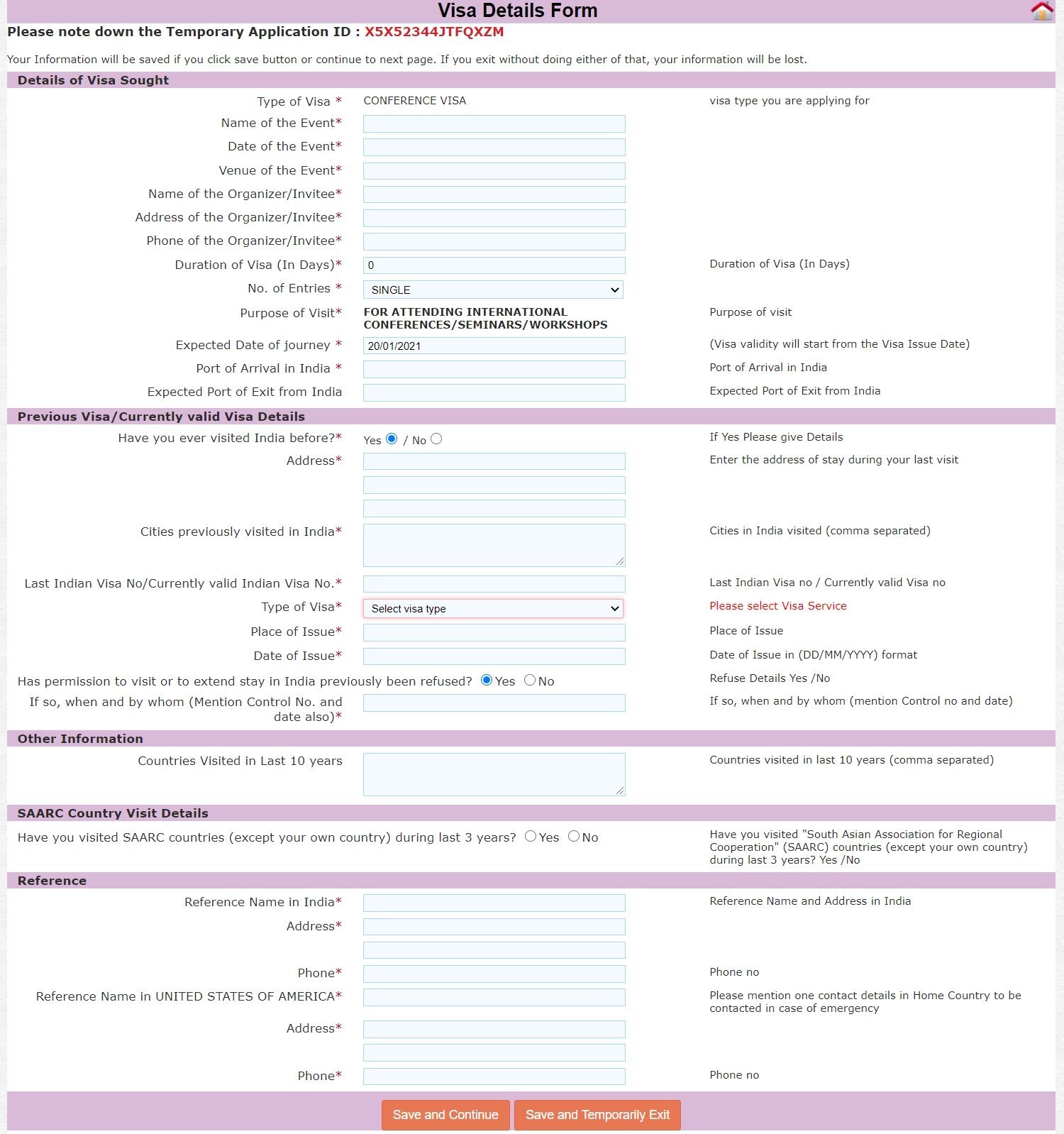 Détails du visa demandé