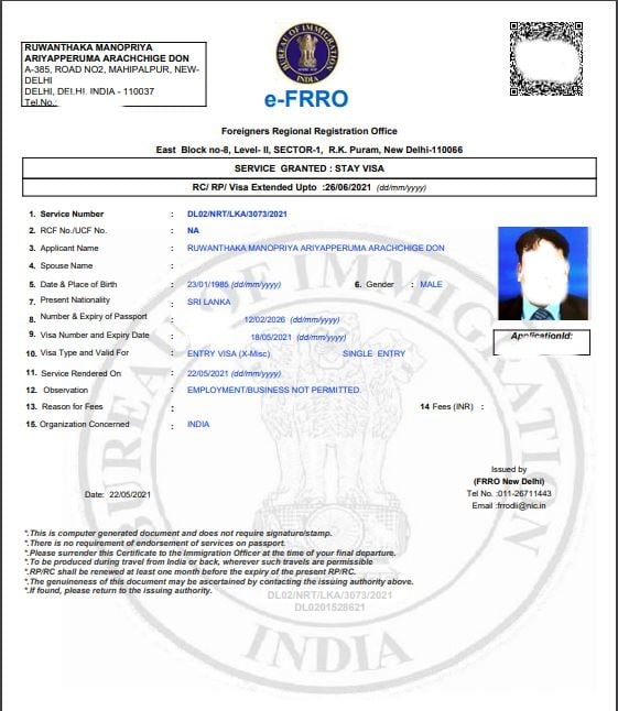 rc/rp visa extende indias